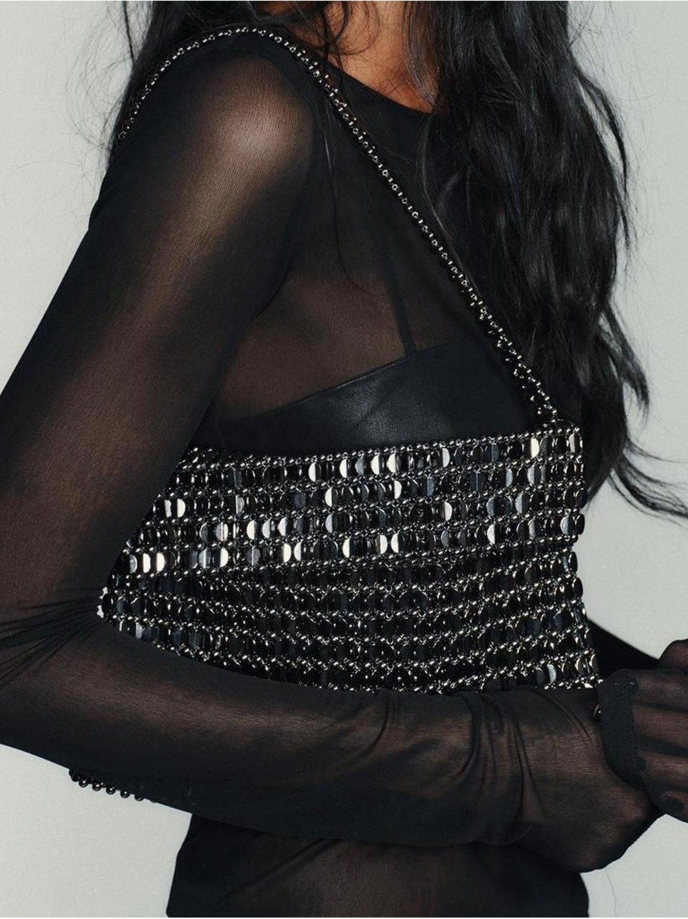 NWOT Zara Black metallic chrome Beaded Chain Shoulder Bag